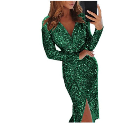 Aurielle Sequin Long-Sleeve Evening Dress