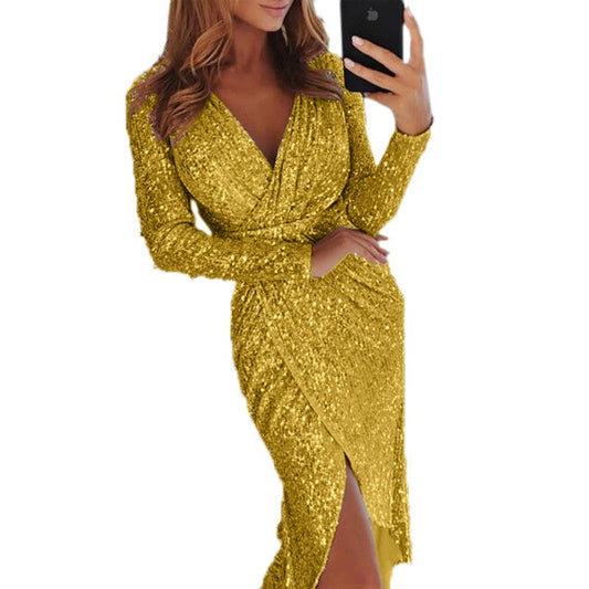 Aurielle Sequin Long-Sleeve Evening Dress