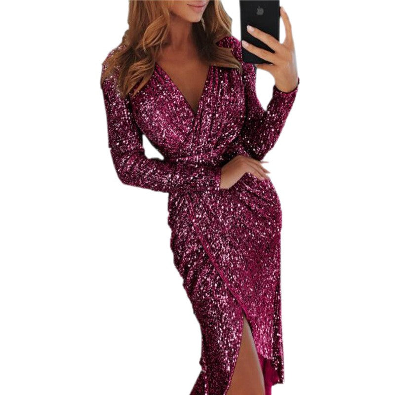 Aurielle Sequin Long-Sleeve Evening Dress