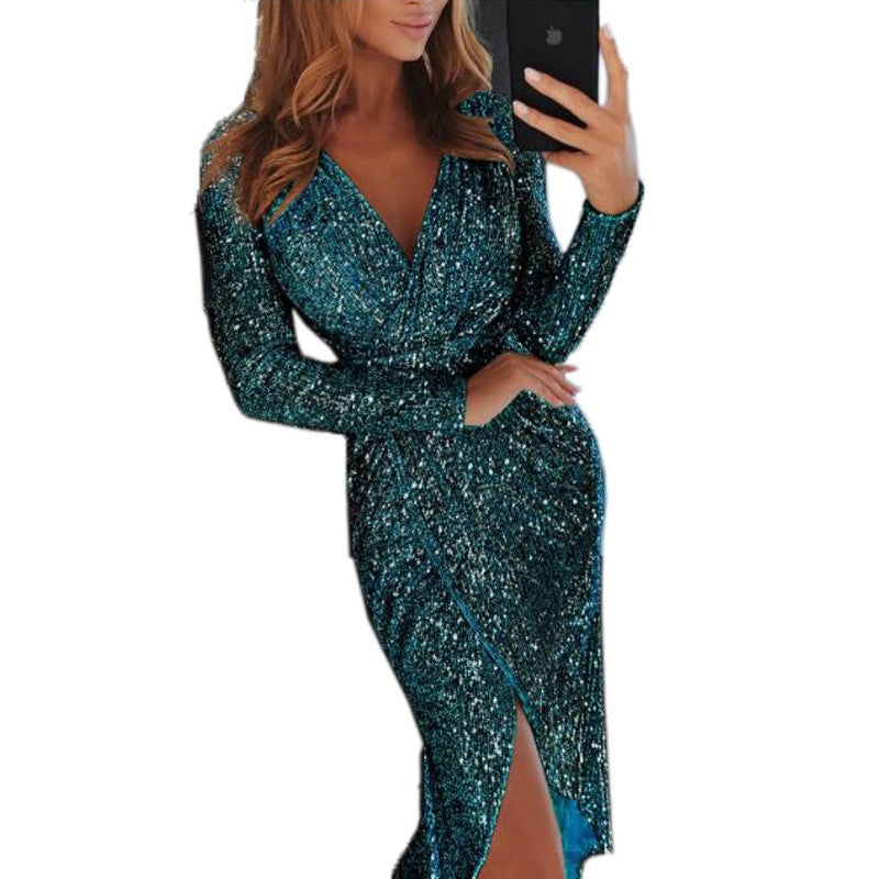 Aurielle Sequin Long-Sleeve Evening Dress
