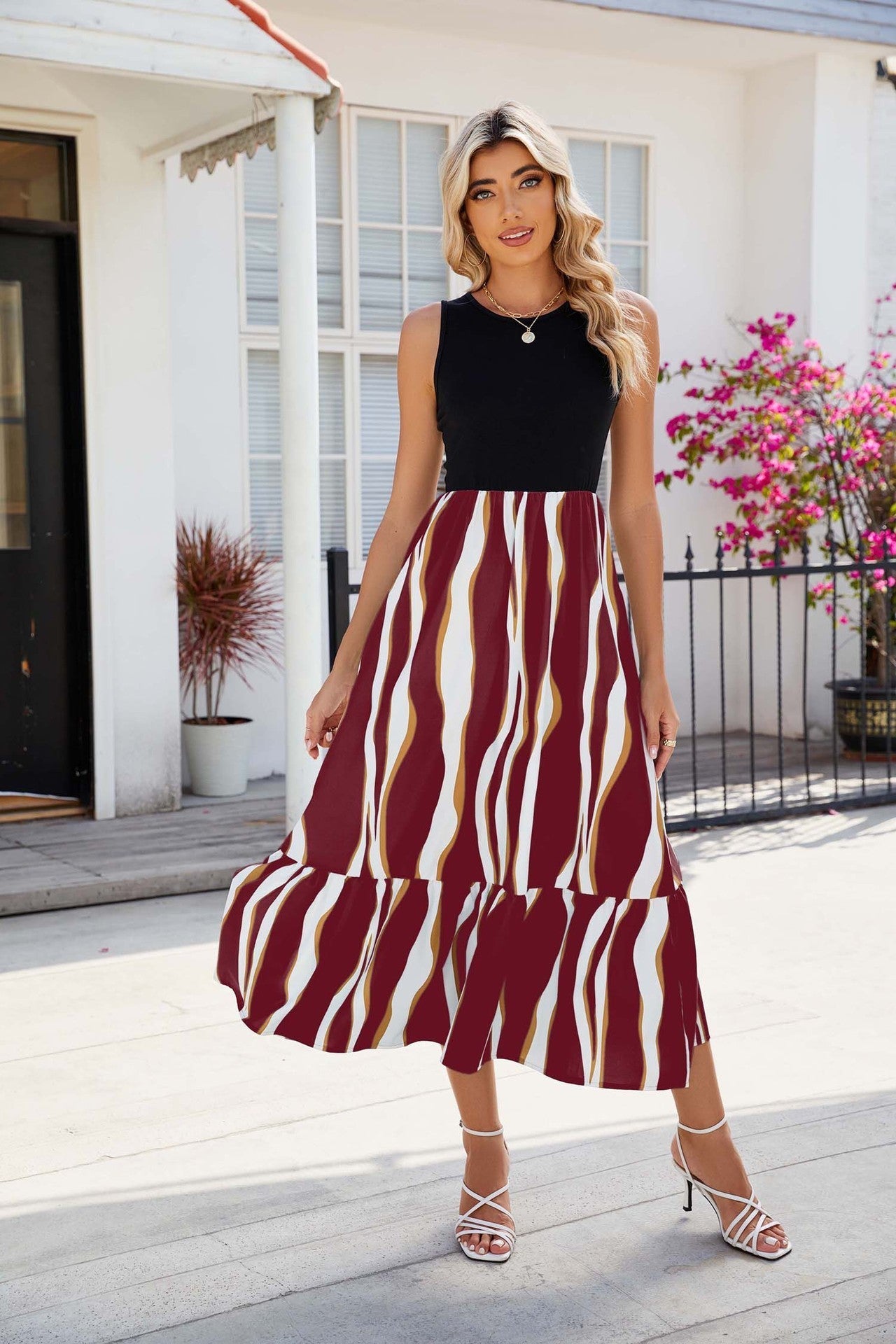 StriaFlow Sleeveless Striped Maxi Dress