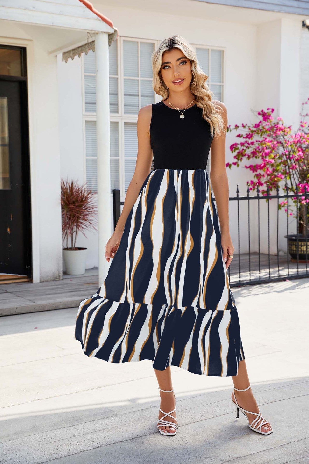StriaFlow Sleeveless Striped Maxi Dress